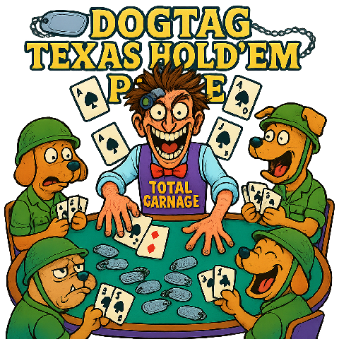 Dogtag Texas Hold'em Poker icon. Join the battlefield poker table where dog tags replace chips! Play Texas Hold'em with other soldiers and outwit your opponents in this hilarious Call of Duty-themed card game.