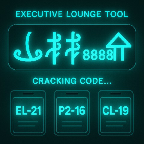 Executive Lounge Tool icon. Stadium Executive Lounge solver: enter the 8-symbol code using the 3 special glyphs and track access cards EL-21, P2-16, and CL-19. The tool cracks the code for you.